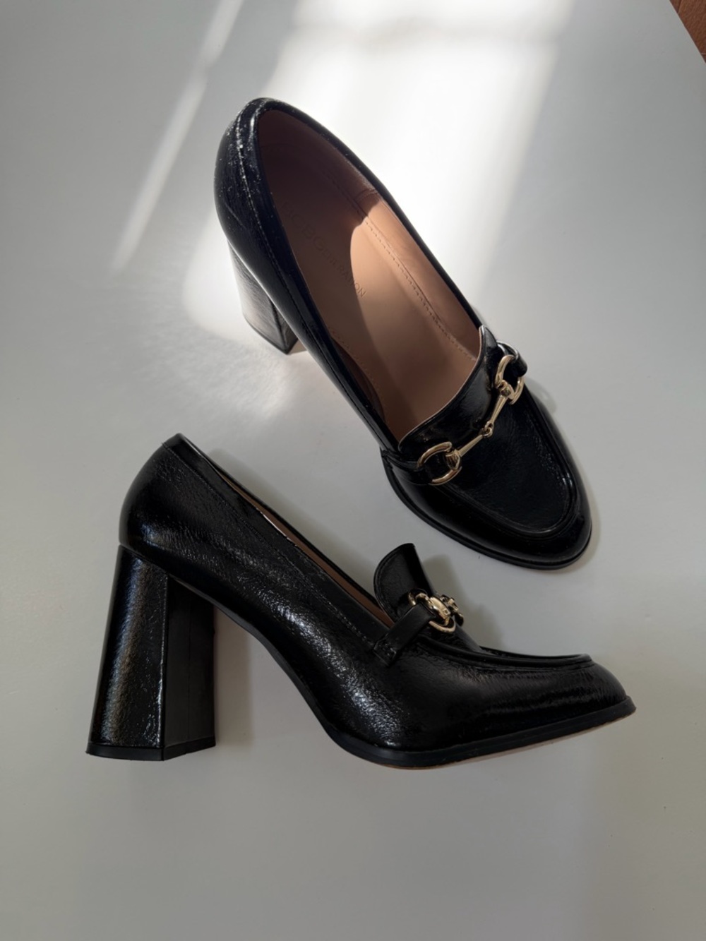 BCBG Black Leather Block Heel Loafers with Gold Chain Detail